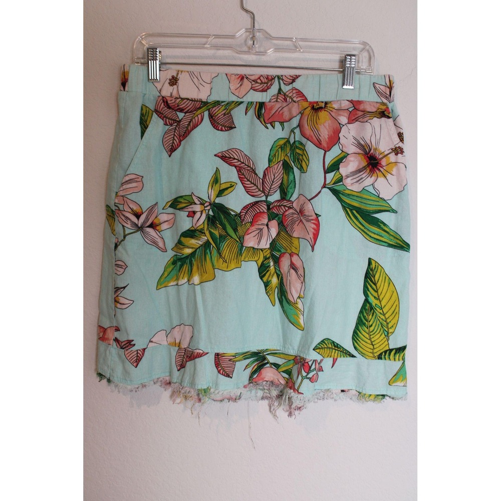For Cynthia Floral Print Skirt Frayed Hem Tropical Mini Skirt‎ M/L Linen